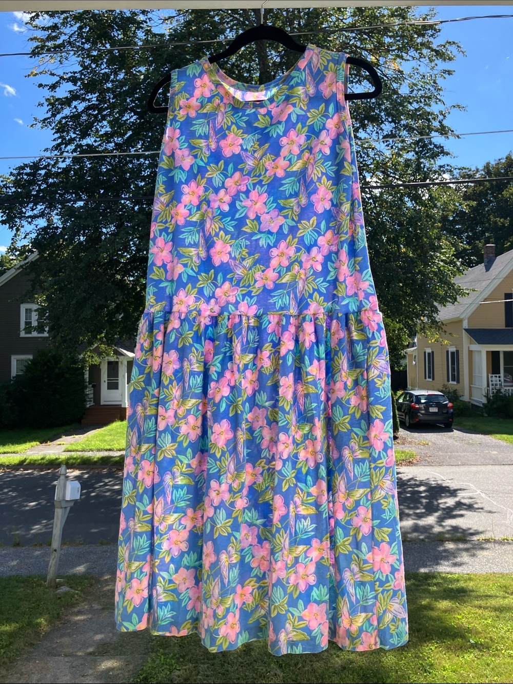 Vintage Blue and Pink Floral Midi Dress